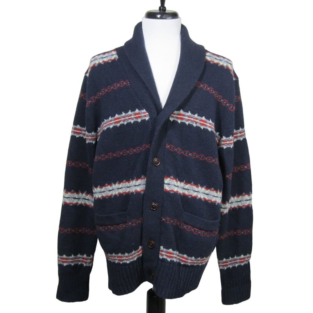 J. CREW Mens Navy LAMBSWOOL Chunky Cardigan Sweater Grandpa Holiday Winter L